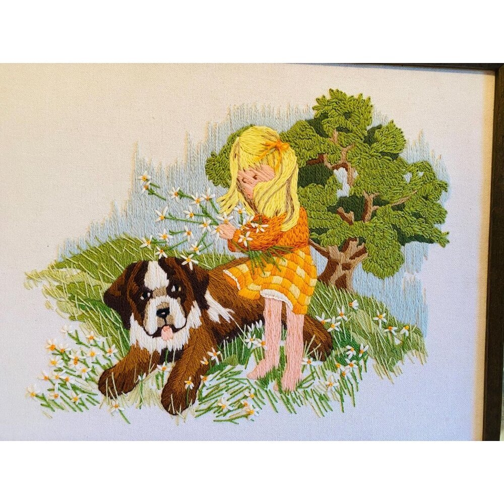 Vintage Needlepoint Wall Hanging, Sunset Design, Girl with Dog Embroidery - Picture 3 of 10